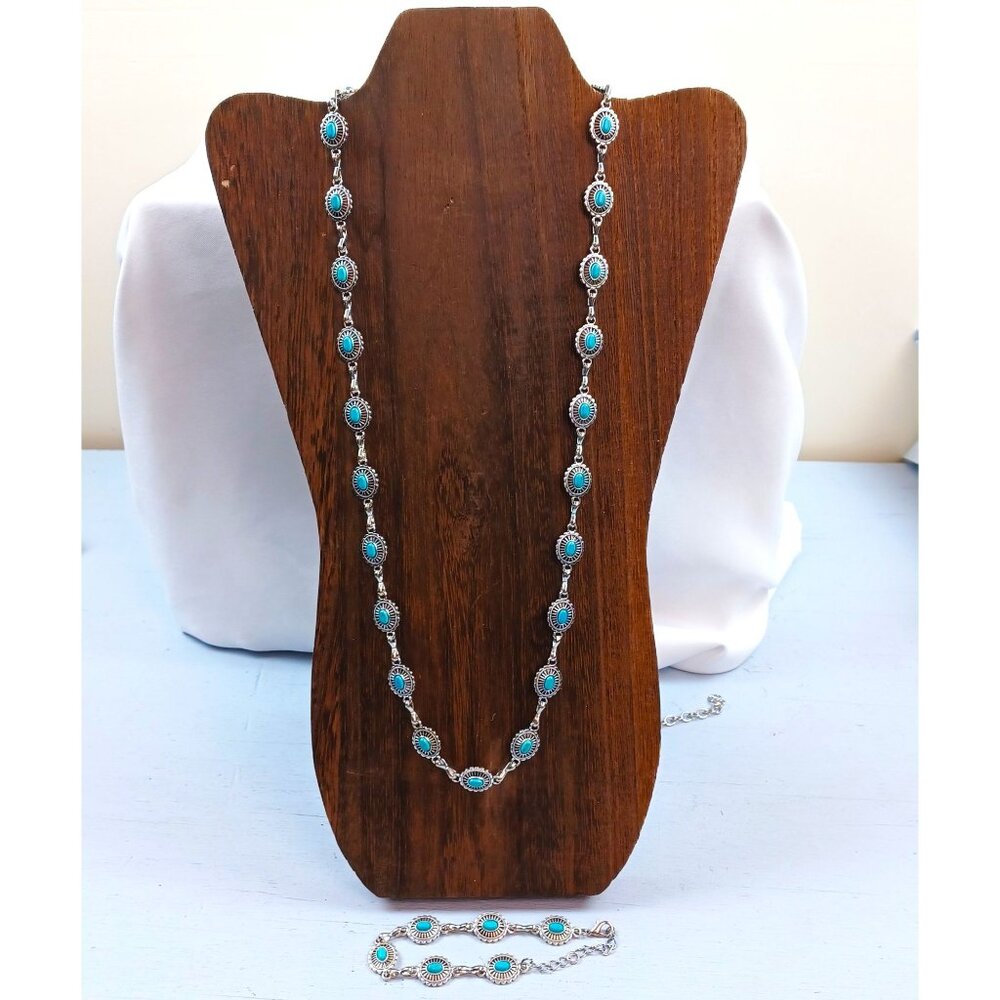 Turquoise Bead & Silver Toned Necklace & Bracelet Set With Vintage-Inspired